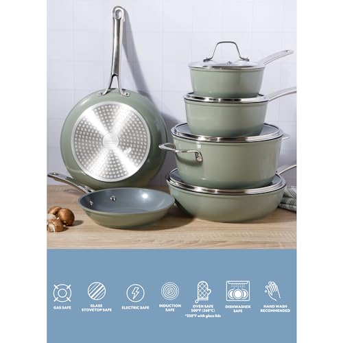 Sur La Table Kitchen Essentials Cool Commune Hard Anodized 10 Piece PFA Free Ceramic Non stick Interior Forged Durable Aluminum Pots and Pans Cookware Set - Green - Induction Compatible