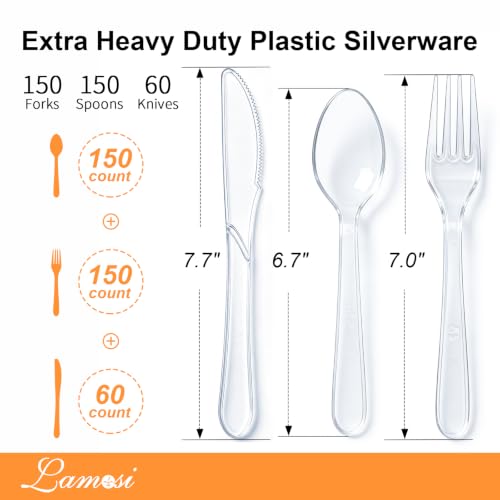 Lamosi 360 Count Extra Heavy Duty Clear Plastic Forks, Spoons, Knives | 150 Forks, 150 Spoons, 60 Knives Disposable Plastic Silverware Set, BPA-Free, Heat Resistant for Weddings, Parties & Events