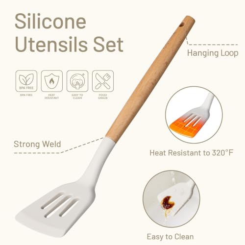 CAROTE 10-Piece Kitchen Utensils Set with Wood Cool-Touch Handles, Cream | Silicone Cooking Utensil, Food Grade, Nonstick Cookware Friendly, BPA-Free, Heat-Resistant, Everyday Home Essentials, Gifts