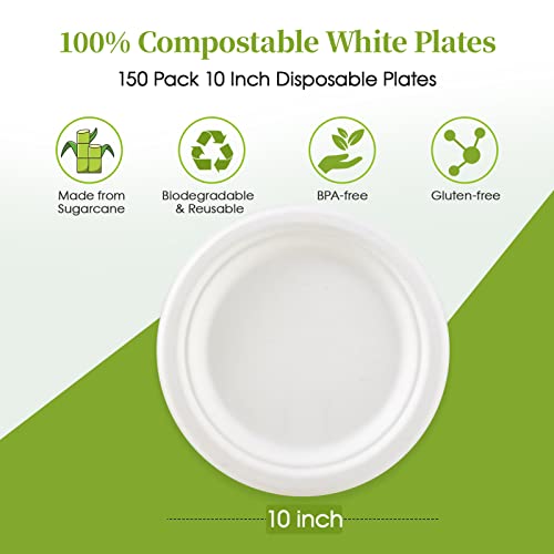 ECOLipak 10 in 150 Pack White Compostable Disposable Paper Plates for Party | Heavy Duty, Biodegradable, Made of Eco-friendly Sugarcane Bagasse, Ideal for Dinner, Picnic, Wedding, Birthday, Daily use