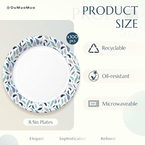 OuMuaMua 8.5 Inch Paper Plates, 300 Count Disposable Paper Plates | Soak Proof & Cut Resistant, Microwave Safe, Bulk Plates for Everyday Meals, Lunch & Family Use
