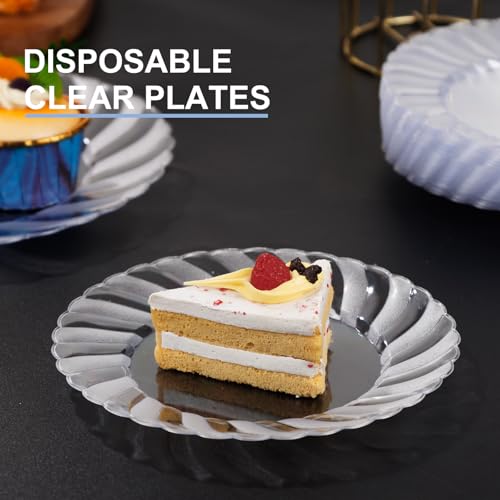 U-QE 100 Pieces Clear Plastic Plates, 6 Inch Plastic Dessert Plates | Premium Hard Clear Plates Fancy Disposable Heavy Duty Plastic Plates for Party,Weddings and Events, Washable & Reusable