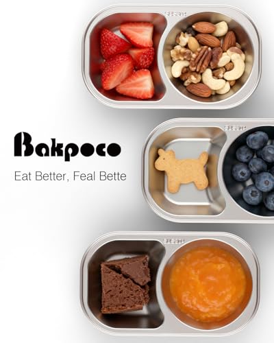 Bakpoco 2PCS Stainless Steel Toddler Plates with 2 Dividers, Kids Plates for Snack Portion Control, Small Divided Plate for Baby Feeding & Adults Camping, Non-toxic Dishwasher Safe Metal Dish