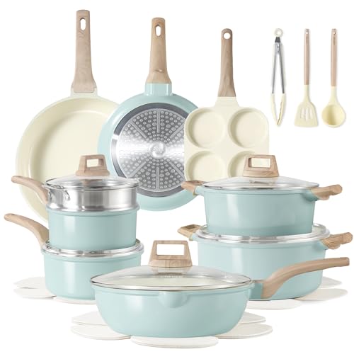 CAROTE 21pcs Ceramic Cookware Sets, Pots and Pans Set Blue
