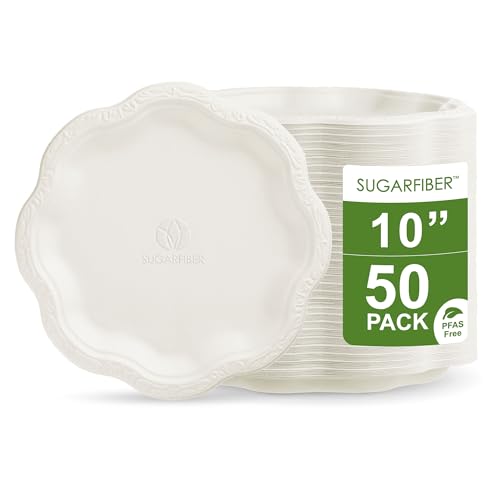 10 inch Elegant Compostable Paper Plates White Floral Acanthus Scalloped | Food Containers,Microwavable,Natural,Sugarcane,Disposable,Bagasse,Eco Friendly,Wedding,Dinner,Scalloped,Sugarfiber,Elegant