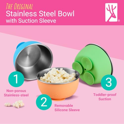 Elk and Friends Kids/Toddler Stainless Steel Suction Bowls + Lids | 4pk | Suitable for Babies | Silicone Suction Sleeves | Lids Included | Stay Put Suction | Dishwasher Safe | Baby Weaning Supplies