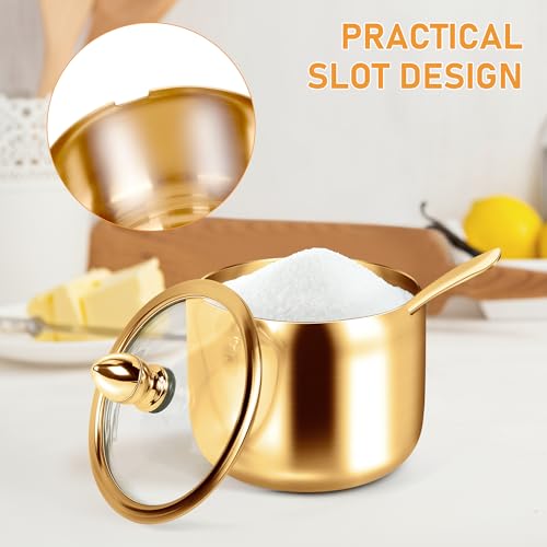 holoith Sugar Container with Glass Lid and Spoon, Gold, 10oz