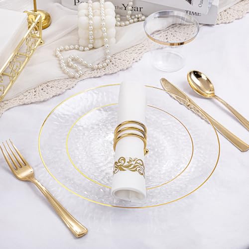 Rubtlamp 100Pcs Clear Gold Plastic Plates, Disposable Plates With Gold Rim, Heavy-duty Party Platos, Hammered Plastic Plates Include 50 Clear Dessert Plates, 50 Dinner Plates for Party
