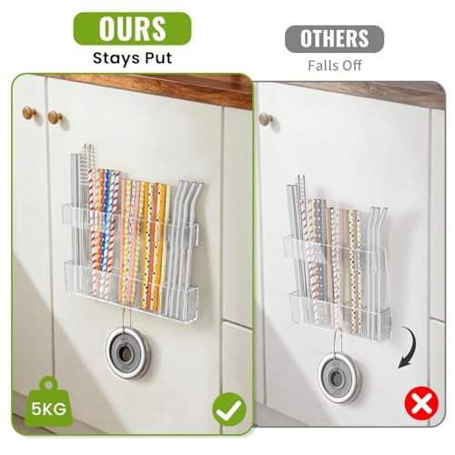 Mpotmiy 9.5" Large Acrylic Straw Holder for Cabinet Door, Straw Organizer | Transparent organizer with ultra-sticky adhesive, drainage holes and adjustable height for utensils and tumbler accessories.