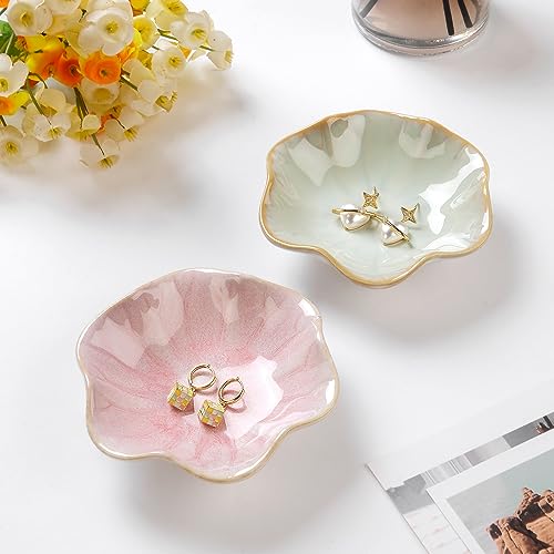 JAMEND CLXP Lotus Leaf Shape Decorative Ring Tray, Small Key Bowl, Ceramic Trinket Tray Jewelry Dish Organizing Necklace Earrings, Home Decoration for Mom Best Friend Sister, Pink.
