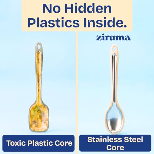 NonToxic Platinum Silicone Utensils, 100% Plastic-Free, 8-Pcs, Beige | LFGB-certified platinum silicone. Solid steel core, no hidden plastics. 500°F heat resistant. Non-scratch. Dishwasher safe