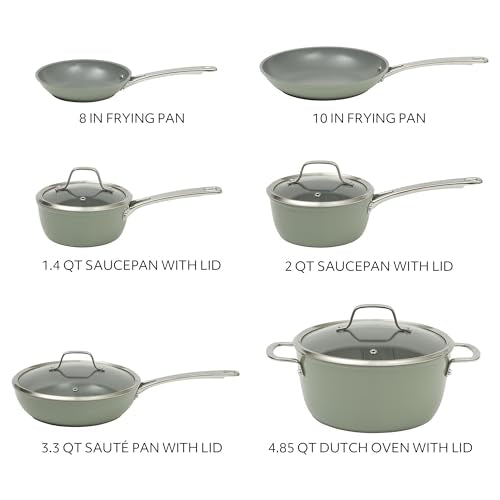 Sur La Table Kitchen Essentials Cool Commune Hard Anodized 10 Piece PFA Free Ceramic Non stick Interior Forged Durable Aluminum Pots and Pans Cookware Set - Green - Induction Compatible