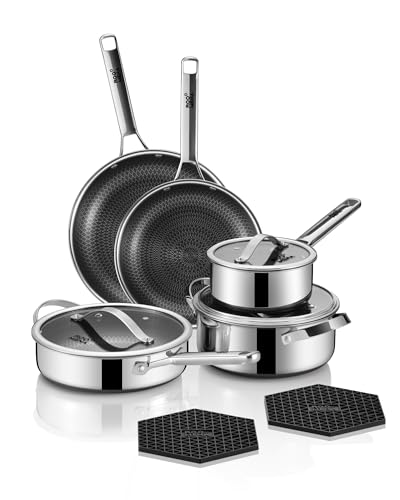 Pots and Pans Set Hybrid Stainless Steel, 10PC Nonstick Cookware Set