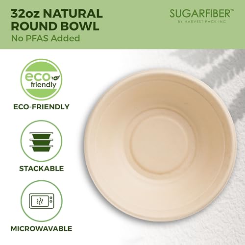 32oz Compostable Paper Bowls Disposable Round Natural Soup Bowls, 50 Count | Eco-Friendly,Heavy-Duty,Biodegradable,Sugarcane,Bagasse,Soup,Salad,Microwavable,Meal Prep,Takeout,Dinnerware,Sugarfiber