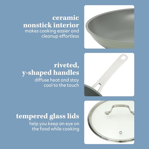 Sur La Table Kitchen Essentials Cool Commune Hard Anodized 10 Piece PFA Free Ceramic Non stick Interior Forged Durable Aluminum Pots and Pans Cookware Set - Green - Induction Compatible