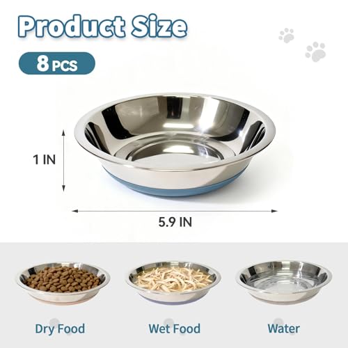 [8 Pack] Stainless Steel Cat Bowls, Cat Dishes Whisker Friendly with Non-Slip Silicone Bottom, Easy to Clean, 5.5" Shallow Wide Cat Food and Water Feeding Bowl for Indoor Outdoor Cats