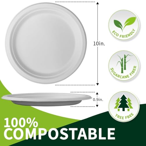 10 Inch Compostable Paper Plates【White 150 Pack】, 100% Sugarcane Bagasse Large Disposable Plates, Sturdy Heavy Duty, Biodegradable Dinnerware for Party, BBQ, Picnic, Catering