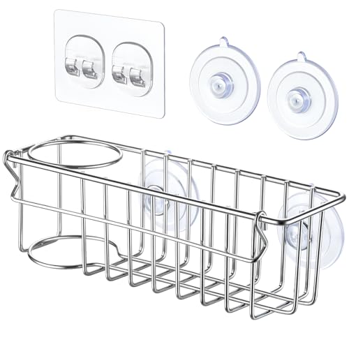 3-In-1 Sponge Holder for Kitchen Sink with Suction Cups & Adhesive Hook , In-sink Sponge Holder, Wall Hanging Sink Caddy Organizer Rack - Sponge, Dish Cloth, Brush, Scrubber - 304 Stainless Steel