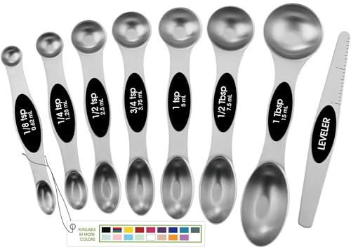 Spring Chef Stainless Steel Magnetic Measuring Spoons Set of 8, Black | Dual Sided Metal Teaspoon & Tablespoon Measuring Spoons with Leveler for Dry & Liquid Ingredients, Nesting, Dishwasher Safe