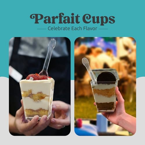 Sammray 100 Pack 5 oz Dessert Cups with Lids and Spoons, Plastic Parfait | 300 pcs serves 100; Disposable Clear Mini Party Set for Mousse, Tiramisu, Pudding, Appetizer, Salad, Yogurt, Cake, Wedding