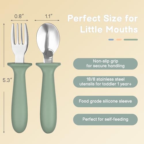 Eascrozn Toddler Utensils, 6 Pack Children Safe Forks and Spoons Set | kids Silverware Set with Silicone Handle, 18/8 Stainless Steel, BPA Free, Dishwasher Safe