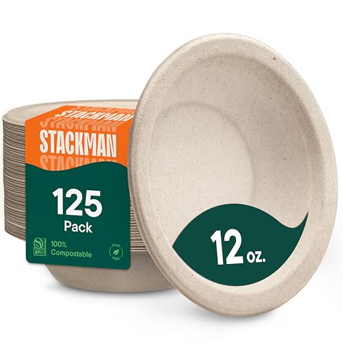 100% Compostable Paper Bowls - 12 oz [125-Pack] Heavy Duty Soup Bowls | Eco-Friendly Biodegradable Bagasse Hot Food Plates and Bowls, Natural Brown BPI Certified & PFAS-Free, By Stack Man