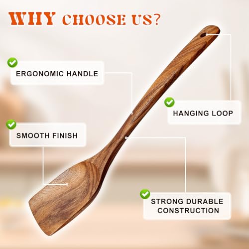 2Pcs Wooden Spatula, Acacia Solid & Slotted Turner Spatula Set, Long Handle Flat Frying Spatulas, Ideal Kitchen Gift for Mother and Grandma, Kitchen Utensils Set for Cooking, Frying, Baking