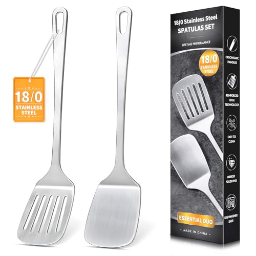 2 Pcs Stainless Steel Spatulas Set, Metal Spatula Solid & Slotted Turner, Heavy Duty Sturdy Spatula for Kitchen Use, High Heat Resistant Cooking Utensils for Fish Eggs Pancakes, Easy to Clean, Silver