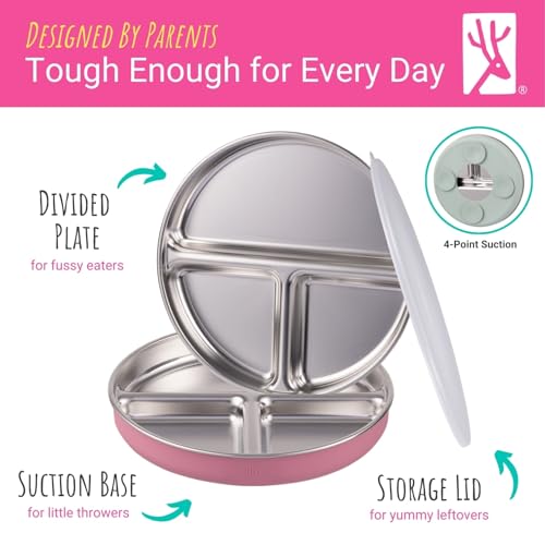 Elk and Friends Kids/Toddler 7.8" Stainless Steel Divided Plate + Lid | 4pk | Suitable for Babies | Silicone Suction Sleeves | Lids Included | Dishwasher Safe | Baby Weaning Supplies