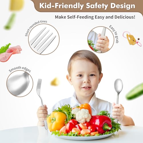 DRKIO 12Pcs Stainless Steel Toddler Utensils Small Metal Kids Silverware | Food-grade, Ideal Transitional Baby Forks and Spoons, Cute pattern, Designed for Children, Dishwasher Safe, Mirror Polished