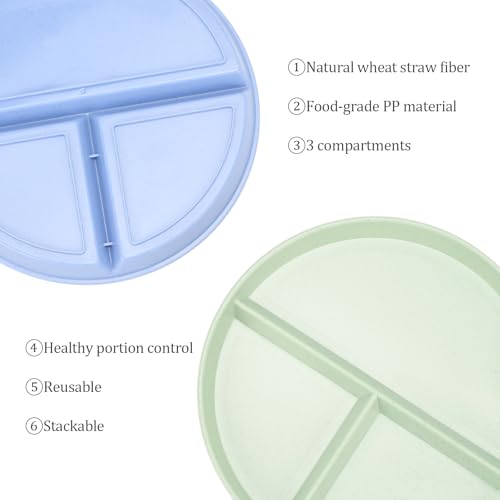 9-Inch Unbreakable Wheat Straw Divided Plates, Microwave & Dishwasher Safe | BPA-Free, 3-Compartment Divided Plates Portion Control Plates, Durable Dinnerware Sectioned Plates