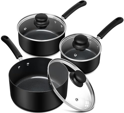 MICHELANGELO Nonstick Saucepan with Lid, Ceramic Sauce Pan Sets, Easy to Clean Sauce Pans, Multi-Purpose Cooking Pots, 1QT & 2QT & 3QT, Black