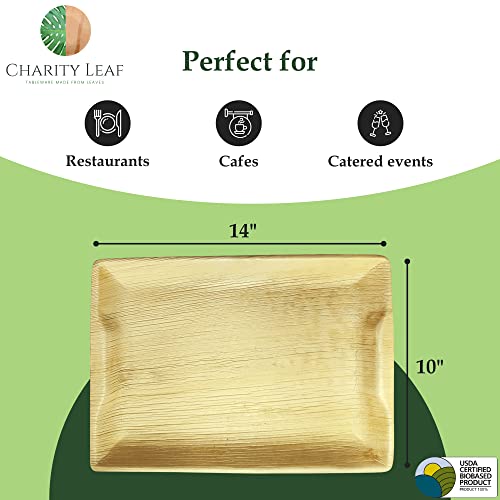 Charity Leaf Disposable Bamboo 14" x 10" Trays (10 Pieces) Bamboo Serving Platters, Disposable Boards, Eco-Friendly Dinnerware For Weddings, Catering, Events