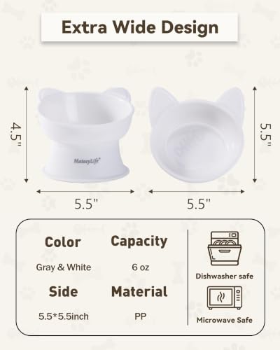 MateeyLife 2 Pack Elevated Cat Food Bowls for Indoor Cats & Kittens | Raised Food and Water Bowl Set, Whisker Friendly & Anti Vomit Feeding Pet Bowls, 6 oz Each, Dishwasher Safe - White & Grey