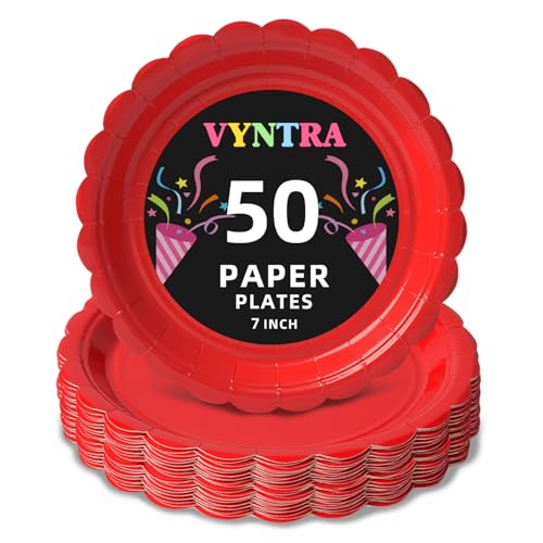Vyntra 50 Pcs Red 7 Inch Scalloped Paper Dessert Plates | 50 Scalloped 7-Inch Dessert Plates for Cake, Snacks and Appetizers; Christmas, Holiday Dinners and Birthdays