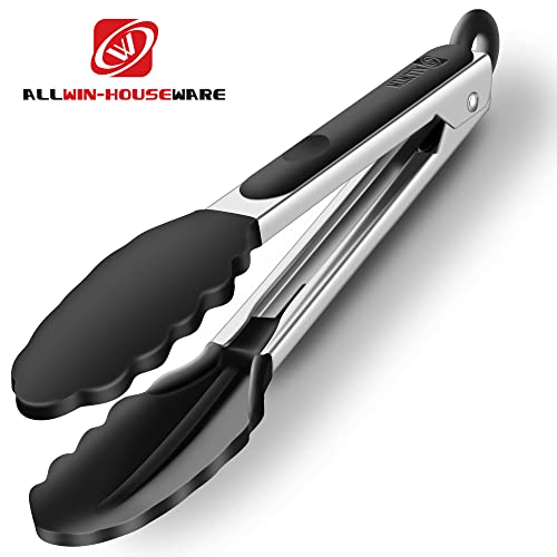 2 Pack Silicone Kitchen Tongs, 9 & 12 Inch, Stainless Steel, Black | Heat Resistant to 500°F with BPA-free Silicone Tips, Locking Clip and Nonslip Handles for Nonstick Cookware and Grilling