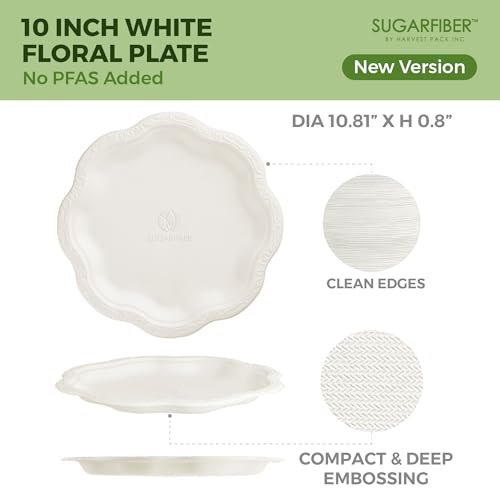 10 inch Elegant Compostable Paper Plates White Floral Acanthus Scalloped | Food Containers,Microwavable,Natural,Sugarcane,Disposable,Bagasse,Eco Friendly,Wedding,Dinner,Scalloped,Sugarfiber,Elegant