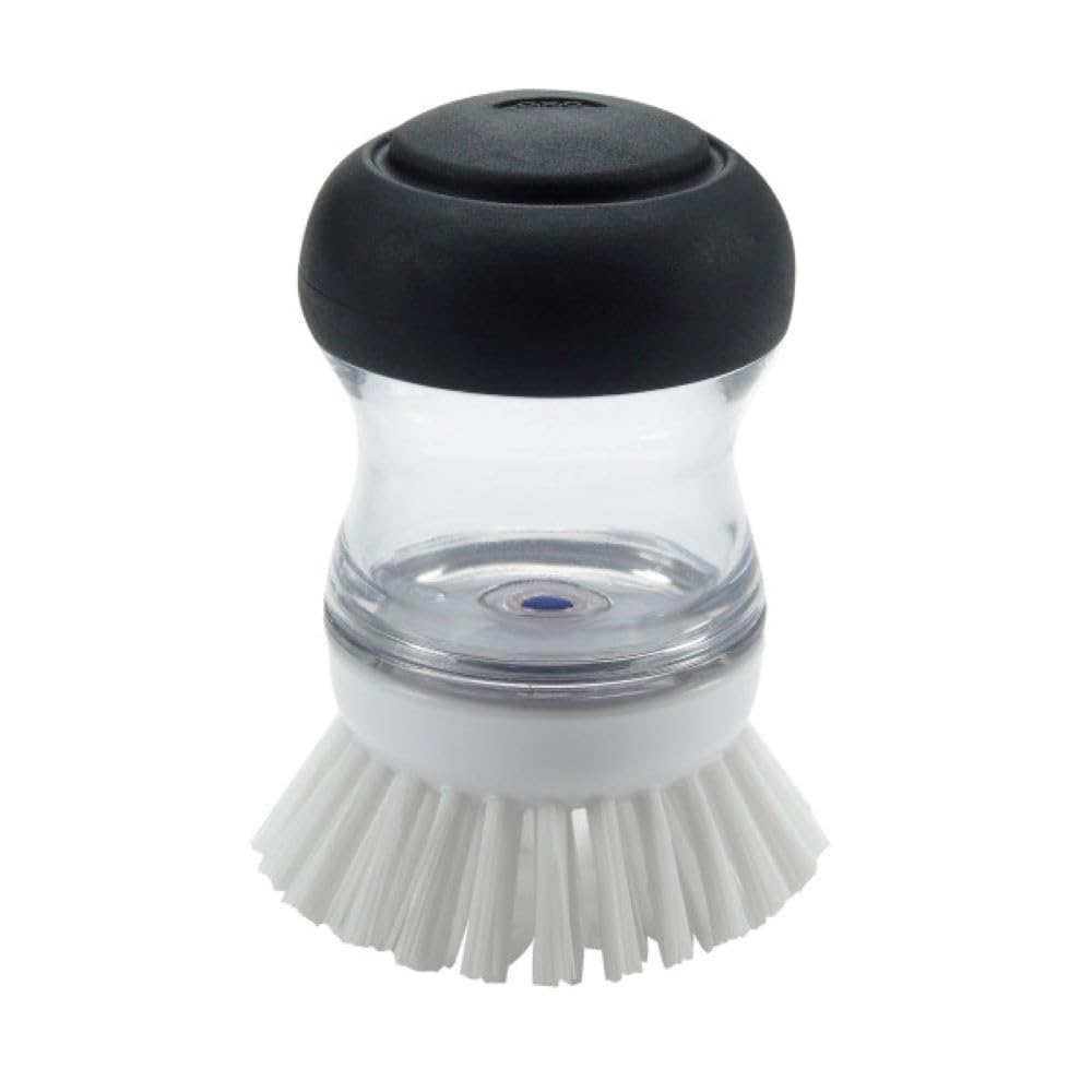 OXO Good Grips Soap Dispensing Palm Brush | Dish Scrub, Safe for All Cookware, Push-Button to Dispense Soap, Easy to Refill, Ideal for Cleaning Dishes