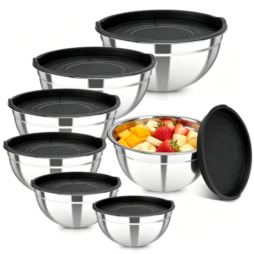YJSLICT Stainless Steel Mixing Bowls with Lids, 7-Piece Nesting Bowl Set | 7 Sizes: 0.7–4.5 QT, Stackable Stainless Steel Mixing Bowls with Lids for Baking, Prep, Serving and Storage