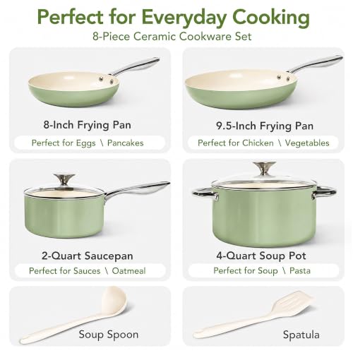 MICHELANGELO Pots and Pans Set Non Stick 8 Piece Ceramic Cookware Set Green