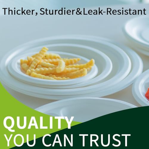10 Inch Compostable Paper Plates【White 150 Pack】, 100% Sugarcane Bagasse Large Disposable Plates, Sturdy Heavy Duty, Biodegradable Dinnerware for Party, BBQ, Picnic, Catering