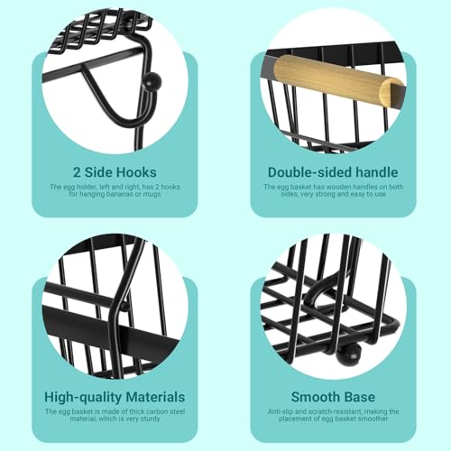Astrorhine 3 Tier Fruit Basket for Kitchen Counter with 2 Banana Hangers, Countertop Metal Fruit Bowl with Wooden Handle, Large Storage Stand for Vegetables, Snacks, Breads, Produce Storage – Black
