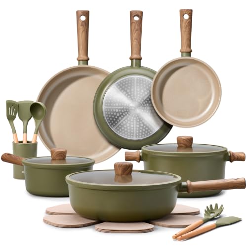 CAROTE 21pcs Ceramic Cookware Set, Pots and Pans Set, Green