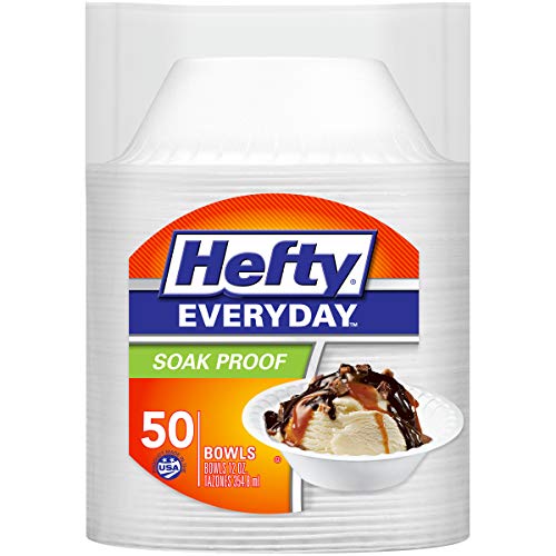 Hefty Everyday Soak Proof Foam Bowls, White, 12oz, 50ct | Disposable White Bowls For Ice Cream, Soup, Salad, Appetizers, Soak Proof, Easy Cleanup, BPA-Free