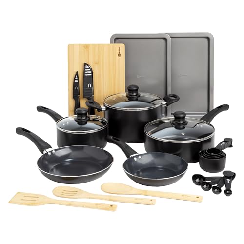 Ecolution Easy Clean Ceramic Nonstick Cookware Set, Dishwasher Safe Kitchen Pots and Pans Set, Comfort Grip Handle, Even Heating, and Ultimate Food Release, 26-Piece, Black