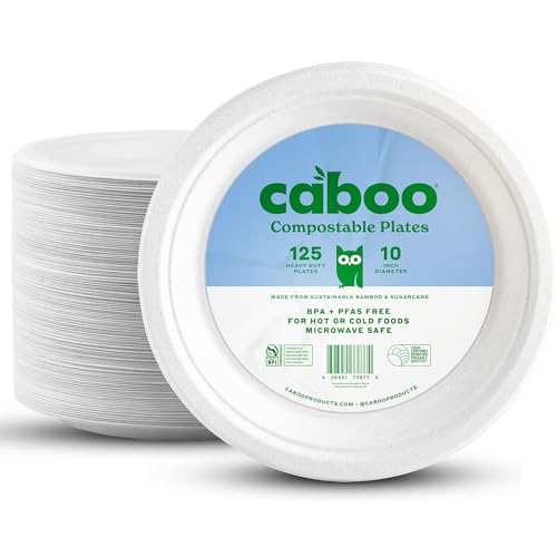 Caboo Disposable Bamboo Paper Plates, 125 Pack of 10 Inch Sturdy Biodegradable Plates, Compostable Plate, Microwave Safe Party Plate, Eco Friendly Alternative to Plastic