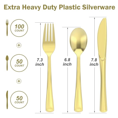 Dealusy 200 Count Heavy Duty Gold Plastic Silverware | 100 Forks, 50 Spoons, 50 Knives, BPA-Free, Heat Resistant, Disposable Plastic Utensils Set Cutlery Set, Plasticware Bulk