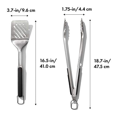 OXO Outdoor Grilling Turner and Tongs Set | Grilling Spatula and Tongs, Beveled Head Slides Under Food, Non-Slip Grip, Hanging Ring, Ideal for Grilling & BBQ