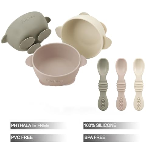 PandaEar 3 Pack Silicone Suction Baby Bowls & 3 Baby Feeding Spoons | Non-Slip Stay Put Bowls & Soft Silicone First Stage Spoons for Toddlers, BPA-Free Baby Led Weaning Set, Linen Brown Tan