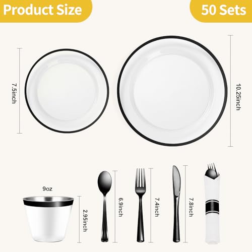 Goodluck 350 Pcs Clear Plastic Plates with Black Rim, Plastic Dinnerware | Disposable Plates for 50, Includes 100 Plates, 50 Pre Rolled Napkins with Cutlery Set, 50 Cups, for Halloween Party